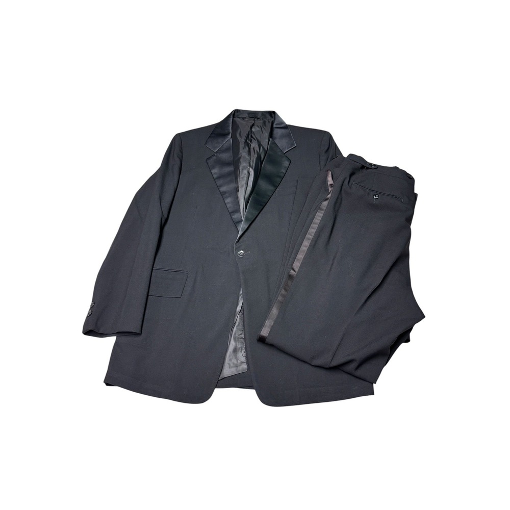 After Six by Rudofker Vintage Black Tuxedo Suit 2Pc Set Men 44L Satin Peak Lapel